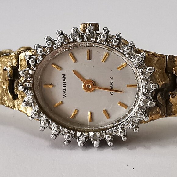 Vtg Waltham Ladies 15mm Watch Gold Nugget Style Band w Diamonds- RUNS - Picture 15 of 15